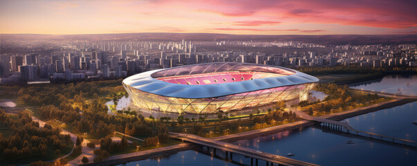 Modern new soccer stadium in evening sunset light, top view.