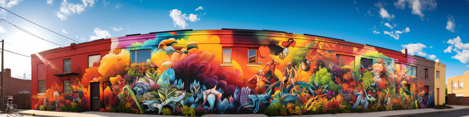 Witness the power of creativity with a bold street art mural adorning a city wall. - obrazy, fototapety, plakaty