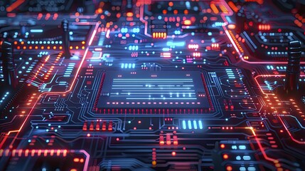 Obraz premium In a neon-lit digital realm, AI uses quantum computing to boost cybersecurity in a futuristic graphic style.