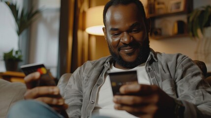 A man sitting on a couch while holding a smartphone. Suitable for technology and lifestyle concepts.