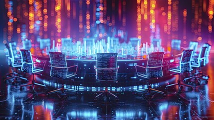 A vibrant image of a virtual roundtable discussion on best practices for bias mitigation in AI development, featuring a neon tone and digital graphic technology style.