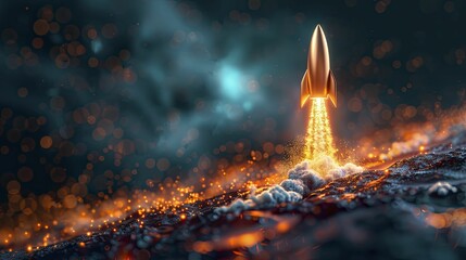 A visualization of a golden rocket soaring upward against a dark, blurred background, symbolizing rapid technological advancement, neon tone