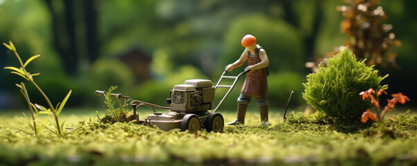 minimalistic model of worker lawn cutting grass - obrazy, fototapety, plakaty
