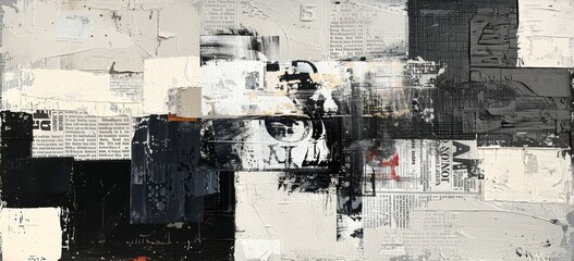 abstract white painting of newspaper clippings