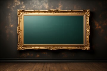 An unoccupied gold frame hangs on a dark wall, contrasting against the dimly lit room.