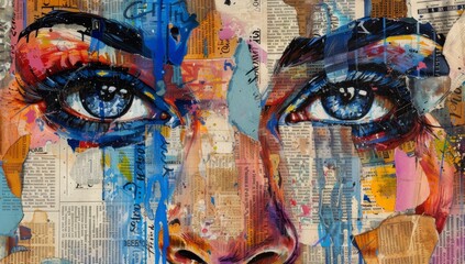 An artistic collage of various pieces of paper, each depicting the face and eyes of an attractive woman 