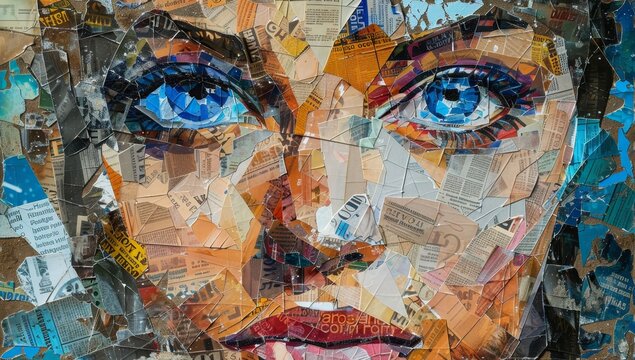 An artistic collage of cutout images and newspaper clippings, creating an abstract portrait of the face of an attractive woman with large blue eyes.