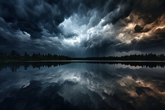 A dramatic reflection of a thunderstorm brewing in the darkened sky