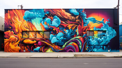 Witness the explosion of creativity in a bold and vibrant city wall mural. - obrazy, fototapety, plakaty