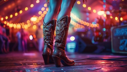 Attractive woman in cowboy boots at a concert - obrazy, fototapety, plakaty