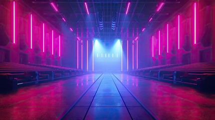 An animated concert venue with facial recognition tech offers fans expedited entry and enhanced experiences in neon digital style. - obrazy, fototapety, plakaty