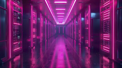 An animated portrayal of a high-security data center utilizing facial recognition for layered access control, featuring neon tones and a digital graphic technology style.