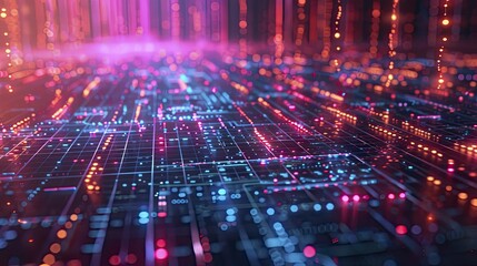 An animated portrayal of a quantum computer decrypting codes that were once considered unbreakable, neon tone