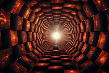 A dynamic shot of a 3D geometric tunnel with kaleidoscopic visual effects
