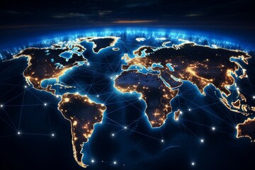 A map of the world with various lights illuminating different regions, showcasing the connectivity...