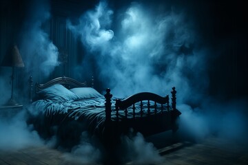 A bed sits in the center of a room engulfed in dense fog, creating an eerie and mysterious ambiance.