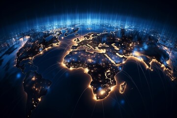A map of the world with various lights illuminating different regions, showcasing the connectivity and activity across continents and countries.
