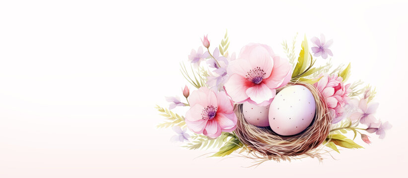 Watercolor drawing for Easter. Flowers around a nest with bird eggs. Postcard in pastel colors with copy space. The concept of spring, the birth of a new life, Happy Easter.