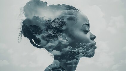 black and white double exposure illustration of an African American woman with hair in a messy bun, headshot portrait, muted colors, cinematic 