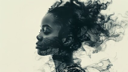 black and white double exposure illustration of an African American woman with hair in a messy bun, headshot portrait, muted colors, cinematic 