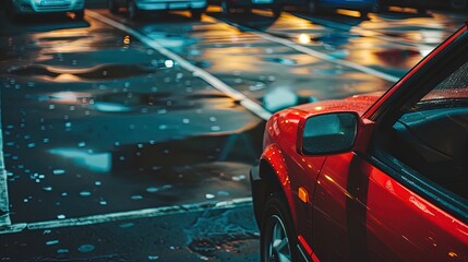 Obraz premium Sleek curves and gleaming lights: A car's reflection captures the city's pulse!