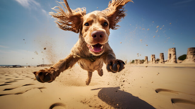 Joyful Dog Playing on the Beach Dynamic Close-up Photography