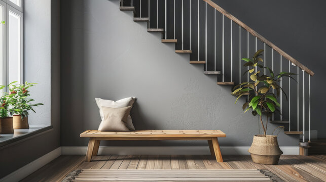 Wooden bench against grey wall and staircase