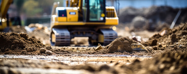 Fototapeta premium Buldozer digging a foundation of house. building construction