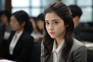A woman sits at a desk with coworkers in the background, focused on her work in a bustling office setting.