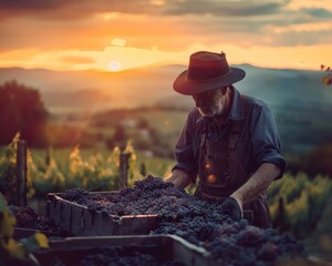 A man wearing a hat is harvesting grapes from a vineyard.