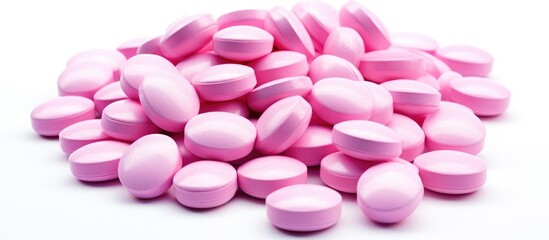 Obraz na płótnie Canvas A pile of magenta pills sits on a white background, resembling a sweet confectionery. The pink color suggests a natural ingredient for food events