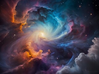 Obraz na płótnie Canvas Amazing nebula in deep, cosmic hues mingle and merge, forming a mesmerizing tapestry of colors that hint at the mysteries of the universe.