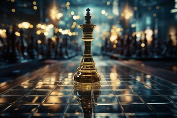 A single golden chess piece stands on a checkered tiled floor, showcasing its intricate design and contrasting against the geometric pattern. - obrazy, fototapety, plakaty