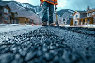 Close up of an asphalt road construction worker working on a new asphalt street in a residential area, with a mountain landscape background