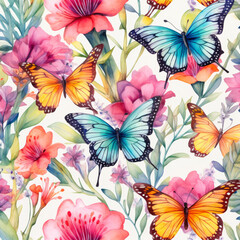 Fototapeta na wymiar Colorful Butterflies and Floral Watercolor Pattern