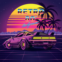 A futuristic disco retro car in the form in the style of a game for the console of the 1970s. Party 70s on sunset background