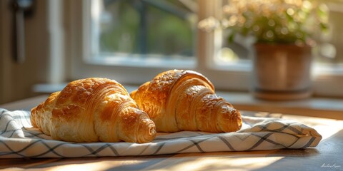 croissants on white napkin with sunlight above with title - obrazy, fototapety, plakaty