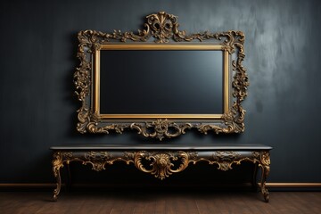 An unoccupied gold frame hangs on a dark wall, contrasting against the dimly lit room.