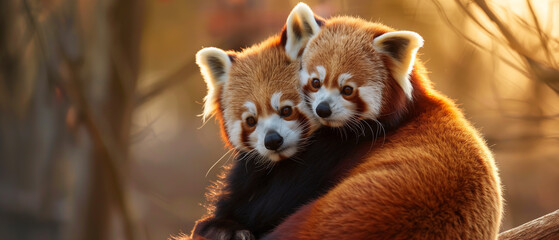 Panda vermelho e seu filhote na natureza - Papel de parede