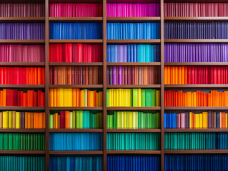 bookshelf with multi-colored books, background consisting of a huge bookshelf lined with colored books of all colors of the rainbow, bright home library background 