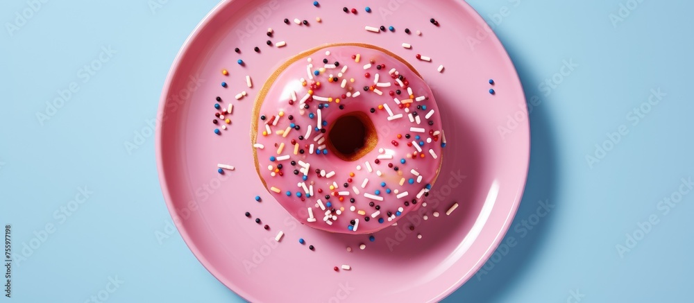 Sticker a closeup of a pink donut with sprinkles placed on a pink plate against a serene blue background. th