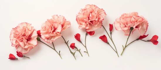 Creative arts come alive with a row of delicate pink carnations mixed with vibrant red flowers on a clean white background, creating a stunning display of natures beauty