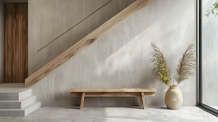 Wooden bench against grey wall and staircase