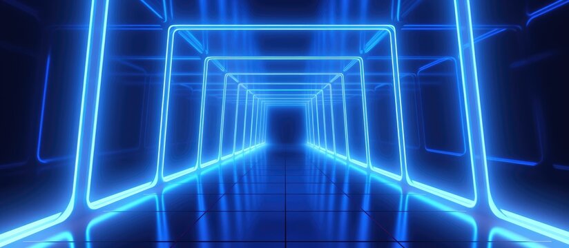 The tunnel exhibits a futuristic design with azure and purple neon lighting, creating a symmetrical pattern. The electric blue rectangles run parallel, giving off a gaslike aura