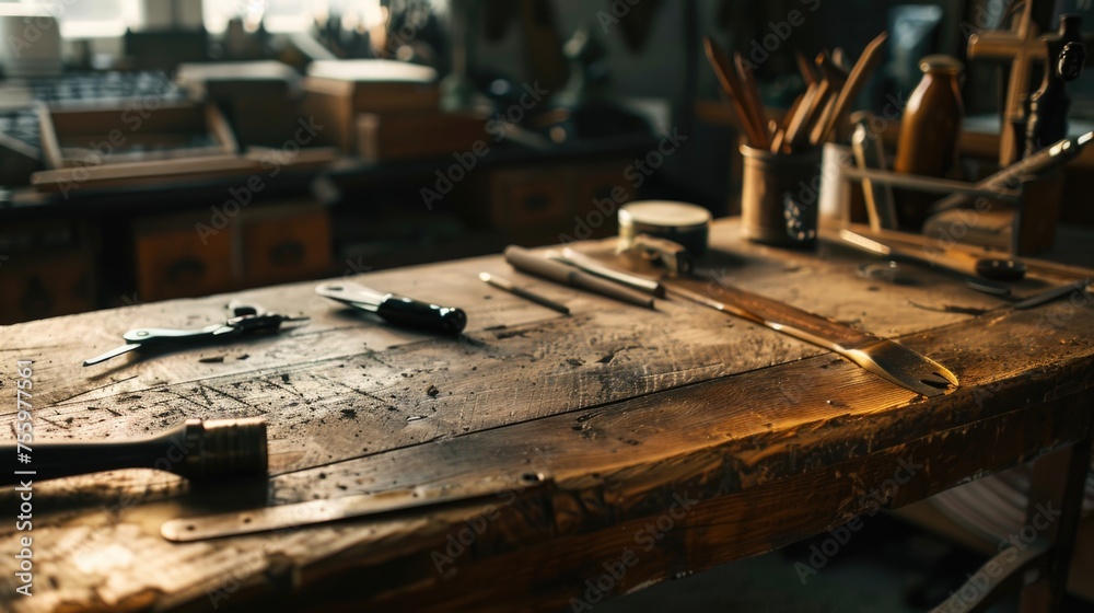 Poster A collection of tools neatly arranged on a wooden table. Suitable for construction or DIY projects.