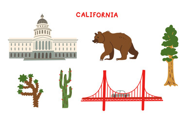 California State symbols collection. Vector flat illustration - obrazy, fototapety, plakaty
