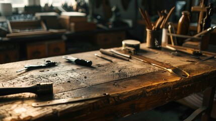 A collection of tools neatly arranged on a wooden table. Suitable for construction or DIY projects.
