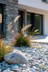 Stone garden with grass and rocks, ideal for landscaping projects.