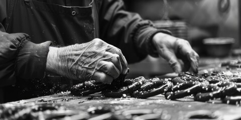 A person is seen cutting food in black and white. Suitable for food preparation concepts.