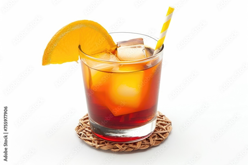 Poster refreshing drink with a slice of orange. perfect for summer-themed designs.